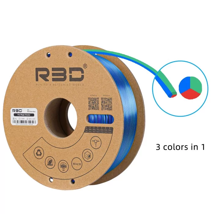 Filament Tricolore R3D PLA-Silk Rouge/Vert/Bleu 1.75mm 1kg